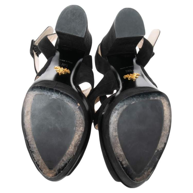 Pre Owned Prada Black Suede Platform Ankle Strap Sandals Size 39.5