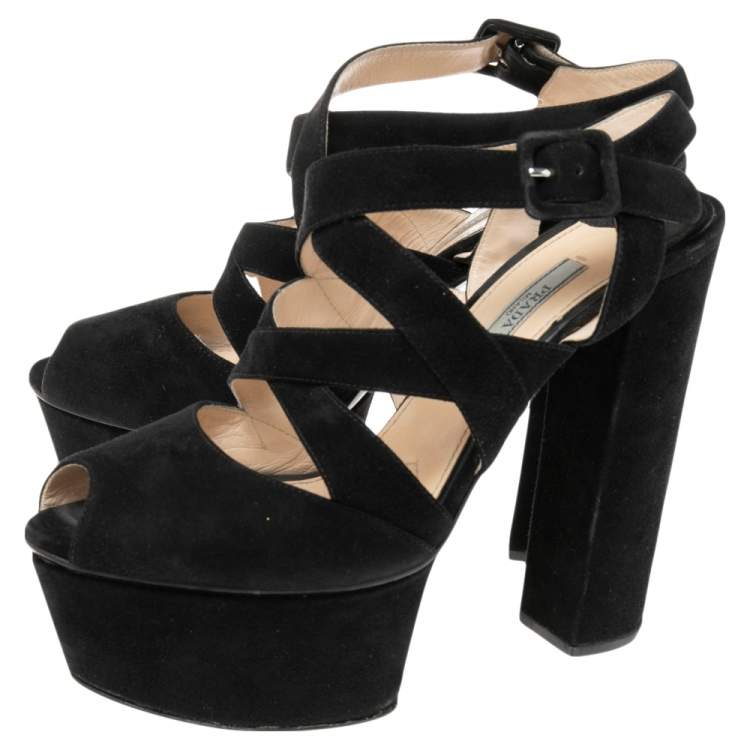 Pre Owned Prada Black Suede Platform Ankle Strap Sandals Size 39.5