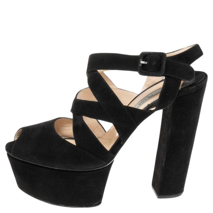 Pre Owned Prada Black Suede Platform Ankle Strap Sandals Size 39.5