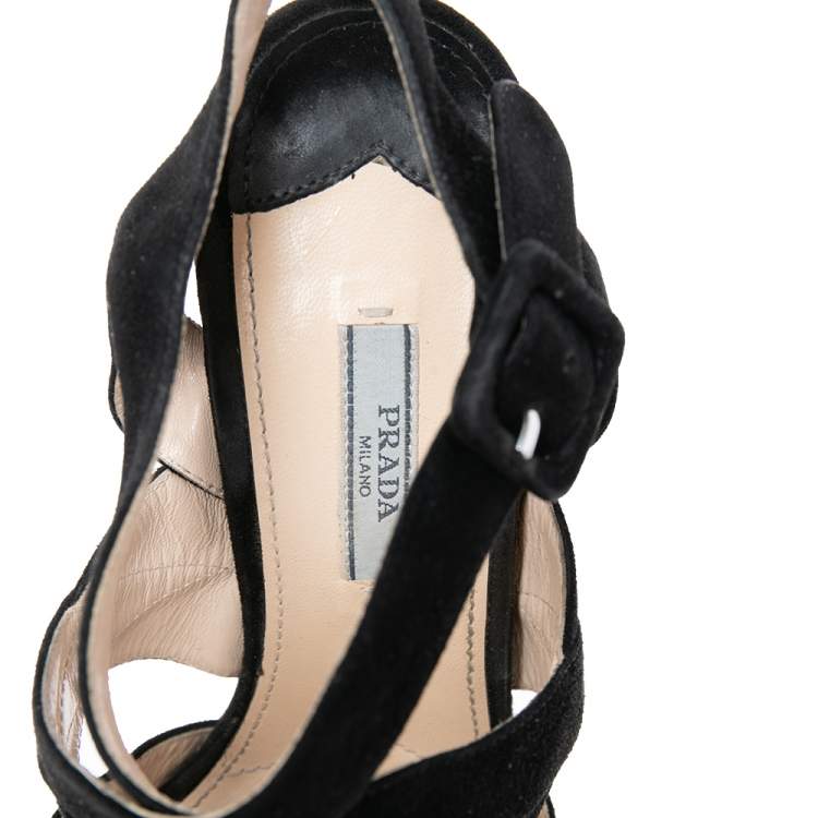 Pre Owned Prada Black Suede Platform Ankle Strap Sandals Size 39.5