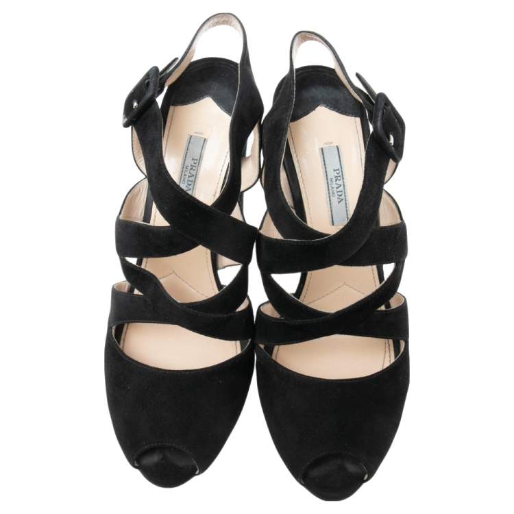 Pre Owned Prada Black Suede Platform Ankle Strap Sandals Size 39.5