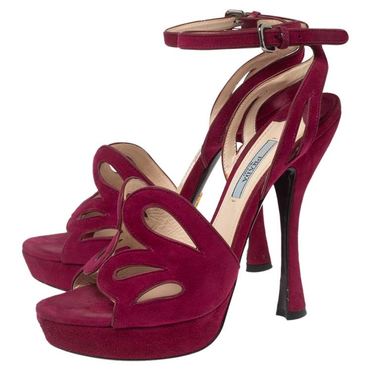 Pre Owned Prada Pink Cutout Suede Ankle Strap Platform Sandals Size 39