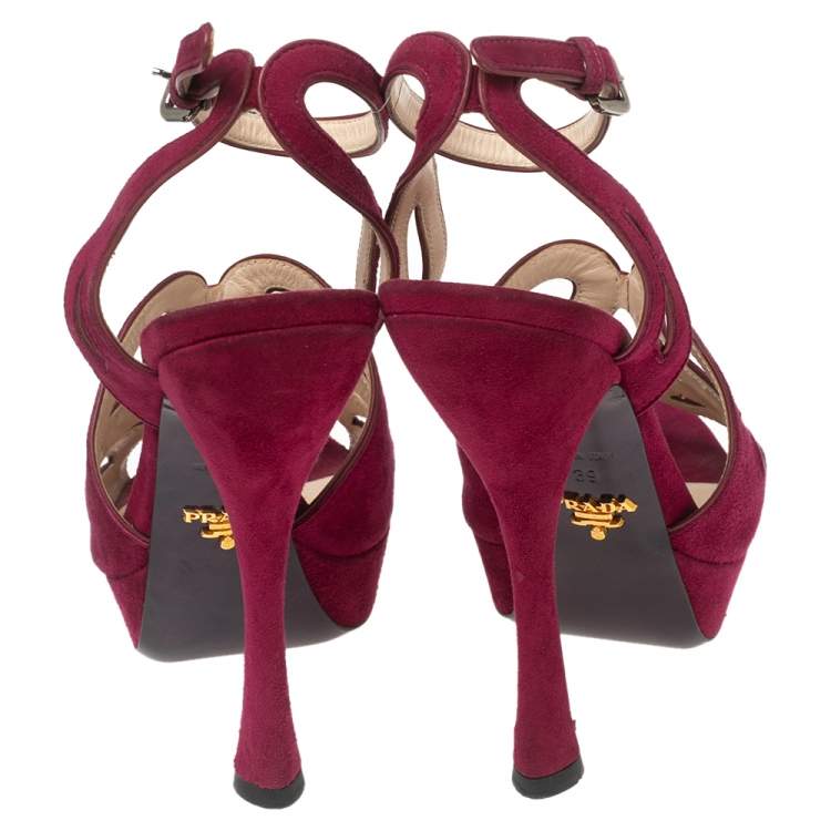 Pre Owned Prada Pink Cutout Suede Ankle Strap Platform Sandals Size 39