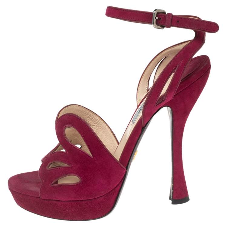 Pre Owned Prada Pink Cutout Suede Ankle Strap Platform Sandals Size 39
