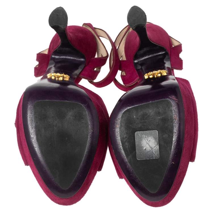 Pre Owned Prada Pink Cutout Suede Ankle Strap Platform Sandals Size 39