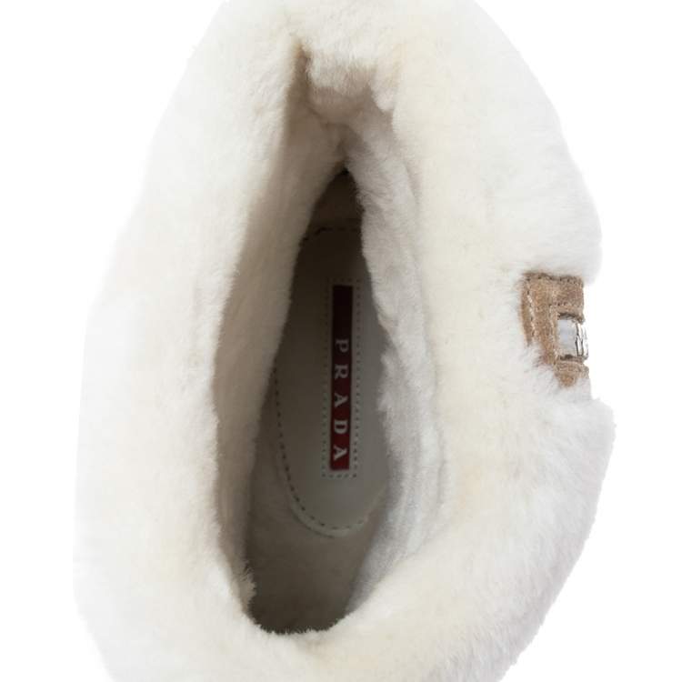 Pre Owned Prada Beige/White Suede and Shearling Fur Zip Mid Calf Boots Size 39.5