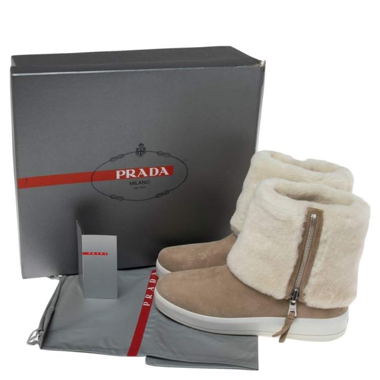 Pre Owned Prada Beige/White Suede and Shearling Fur Zip Mid Calf Boots Size 39.5