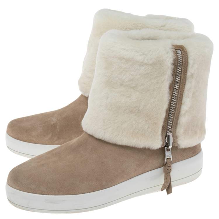 Pre Owned Prada Beige/White Suede and Shearling Fur Zip Mid Calf Boots Size 39.5