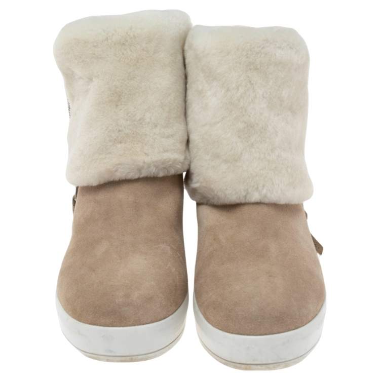 Pre Owned Prada Beige/White Suede and Shearling Fur Zip Mid Calf Boots Size 39.5
