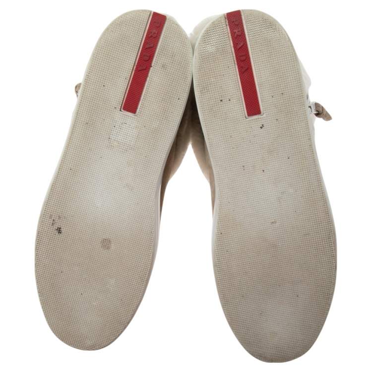 Pre Owned Prada Beige/White Suede and Shearling Fur Zip Mid Calf Boots Size 39.5