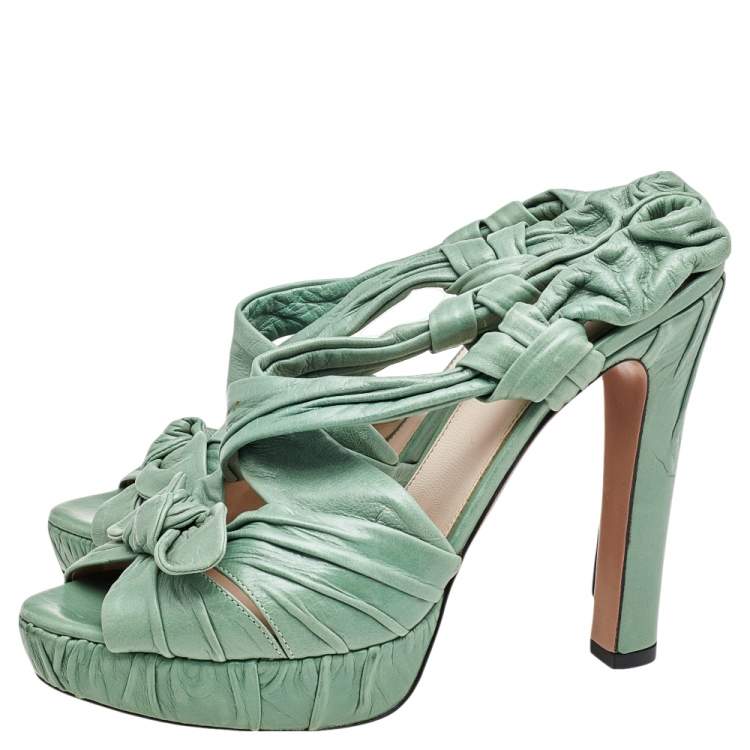 Pre Owned Prada Green Pleated Leather Bow Detail Slingback Platform Sandals Size 40