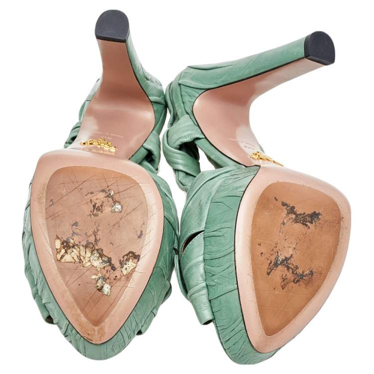 Pre Owned Prada Green Pleated Leather Bow Detail Slingback Platform Sandals Size 40