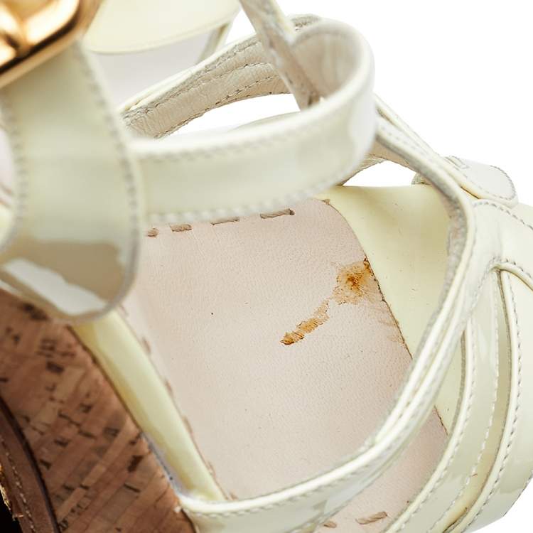 Pre Owned Prada Yellow Patent Leather Peep Toe Strappy Cork Platform Sandals Size 39