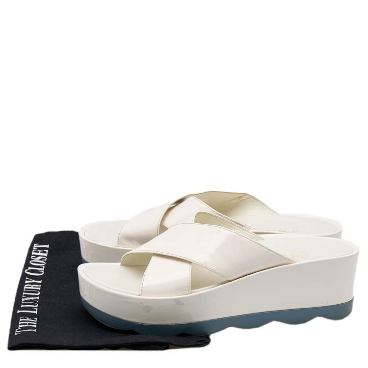 Pre Owned Prada White Patent Leather Crisscross Platform Slide Sandals Size 38