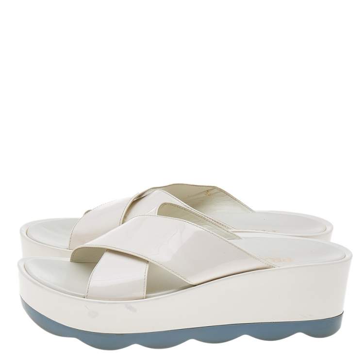 Pre Owned Prada White Patent Leather Crisscross Platform Slide Sandals Size 38