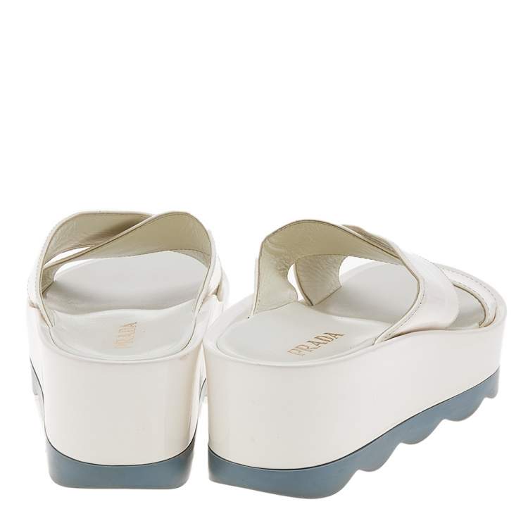 Pre Owned Prada White Patent Leather Crisscross Platform Slide Sandals Size 38