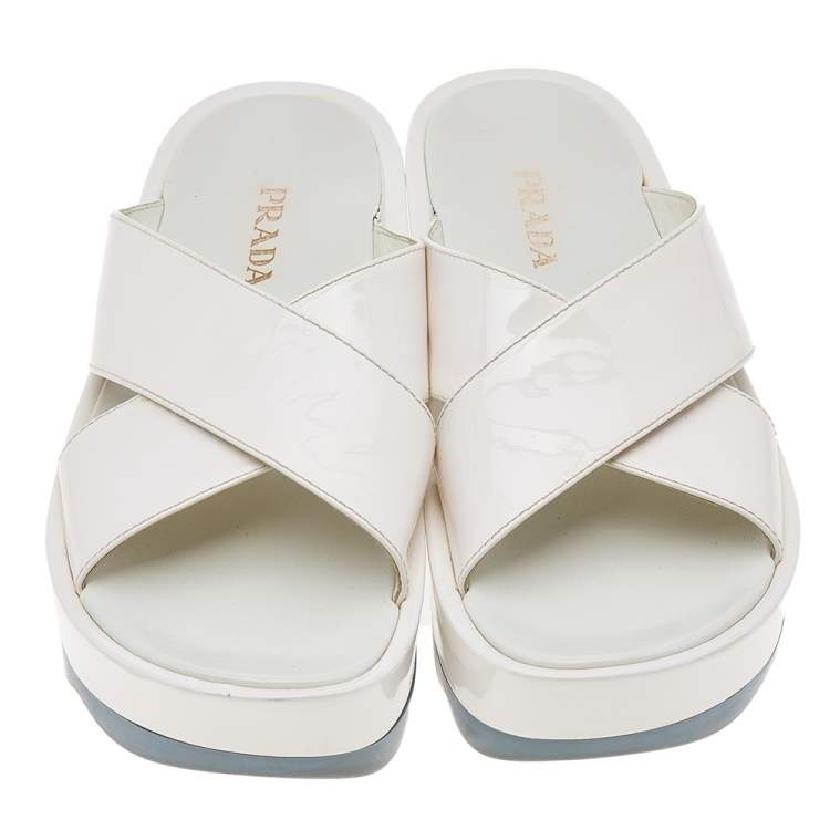 Pre Owned Prada White Patent Leather Crisscross Platform Slide Sandals Size 38
