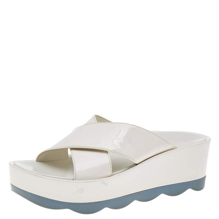 Prada White Patent Leather Crisscross Platform Slide Sandals Size 38 Prada  | TLC
