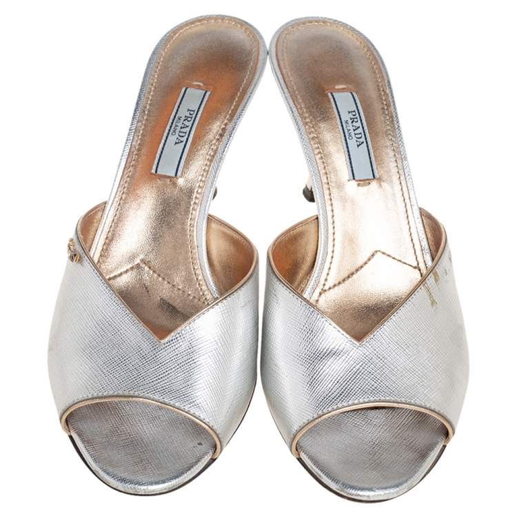 Pre Owned Prada Silver Leather Peep Toe Slide Sandals Size 39
