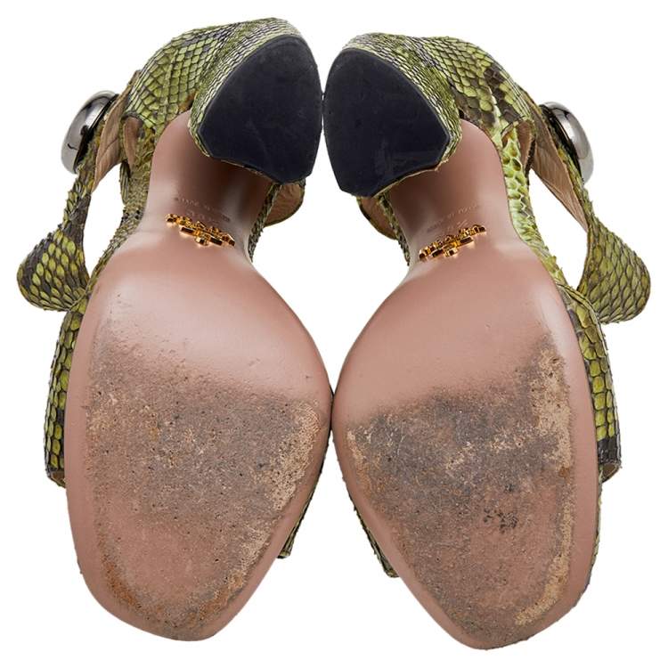 Pre Owned Prada Green Python Leather Ankle Strap Sandals Size 38.5