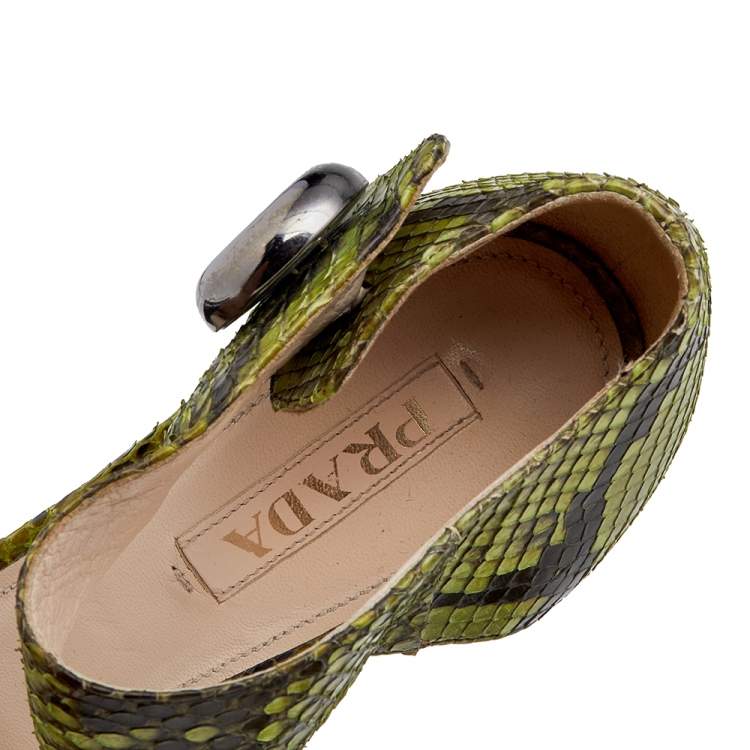 Pre Owned Prada Green Python Leather Ankle Strap Sandals Size 38.5