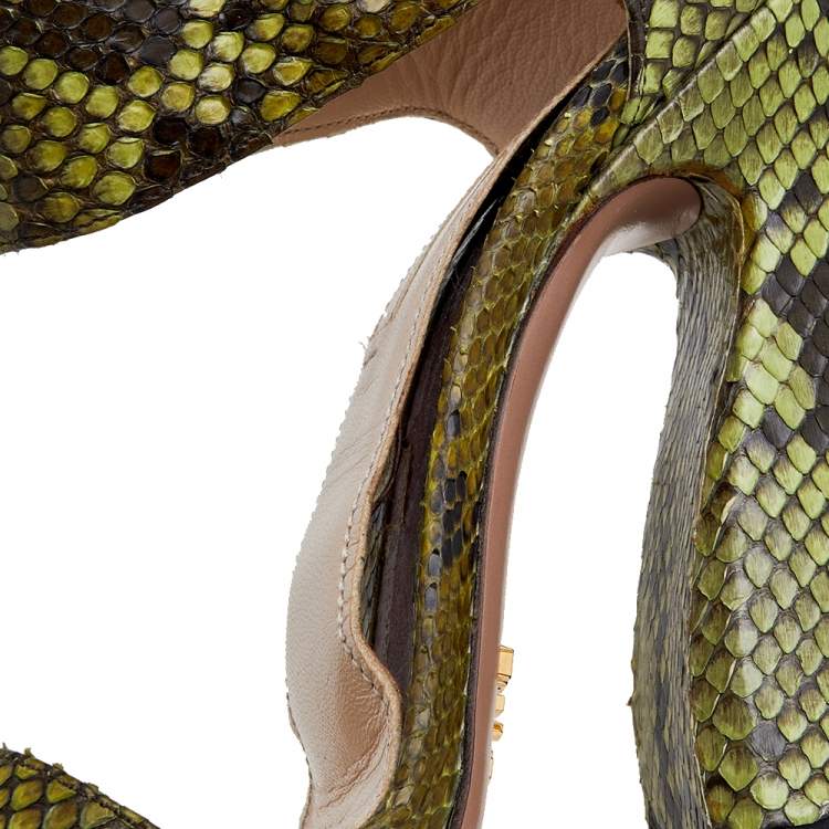 Pre Owned Prada Green Python Leather Ankle Strap Sandals Size 38.5