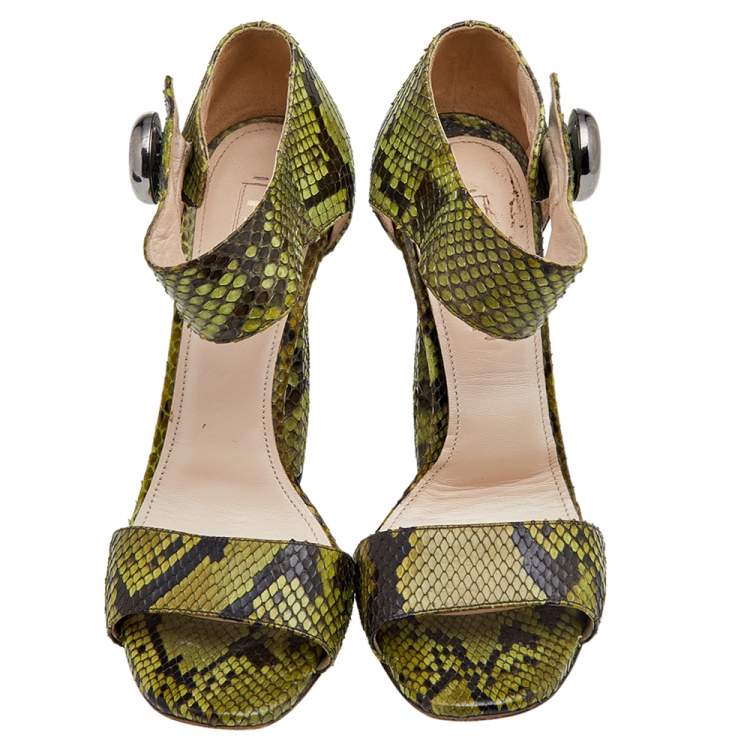 Pre Owned Prada Green Python Leather Ankle Strap Sandals Size 38.5