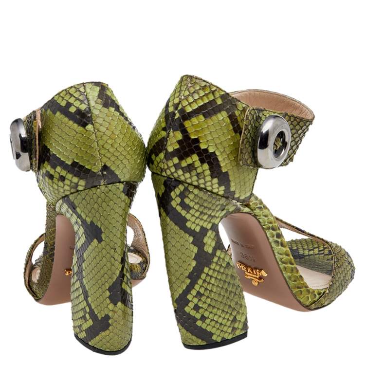 Pre Owned Prada Green Python Leather Ankle Strap Sandals Size 38.5