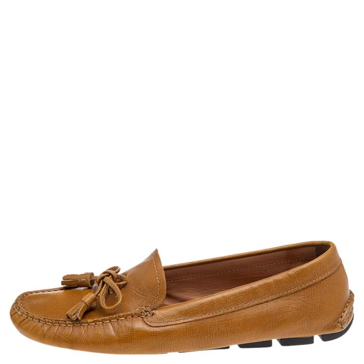 Pre Owned Prada Mustard Yellow Saffiano Leather Slip On Loafers Size 39