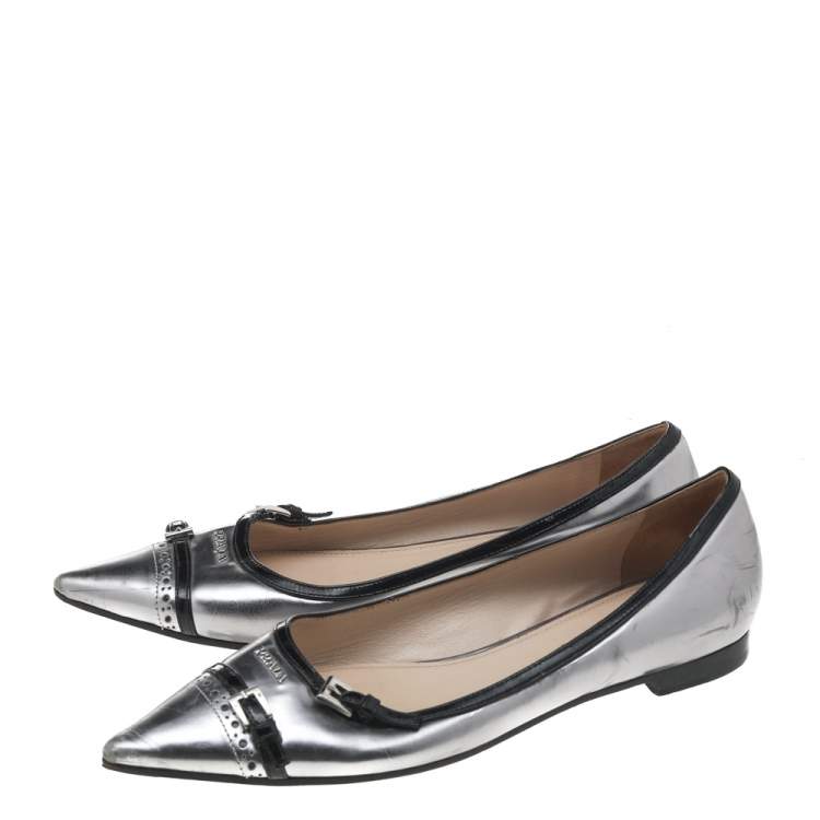 Pre Owned Prada Silver Patent Leather Buckle Detail Pointed Toe Flats Size 37
