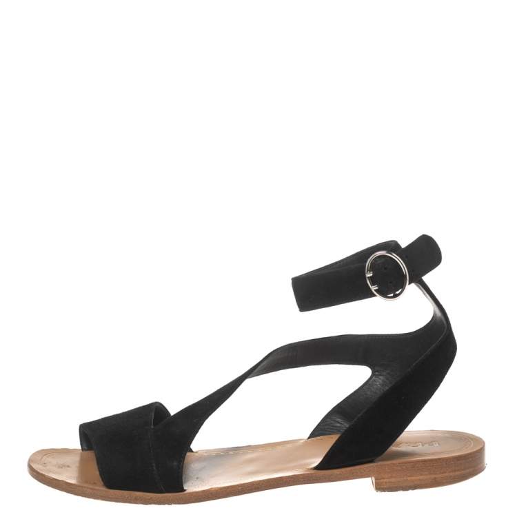 Pre Owned Prada Black Suede Ankle Wrap T Strap Flat Sandals Size 40