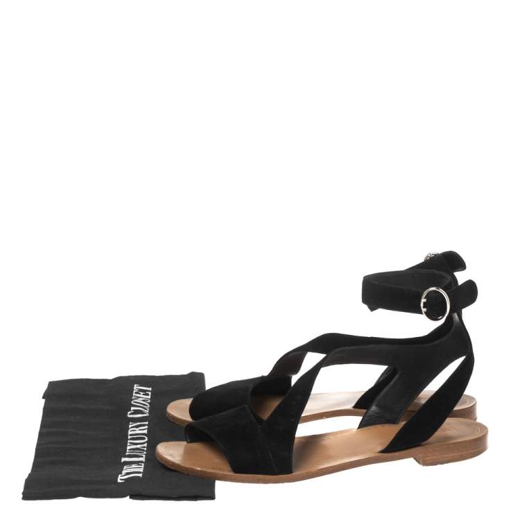 Pre Owned Prada Black Suede Ankle Wrap T Strap Flat Sandals Size 40