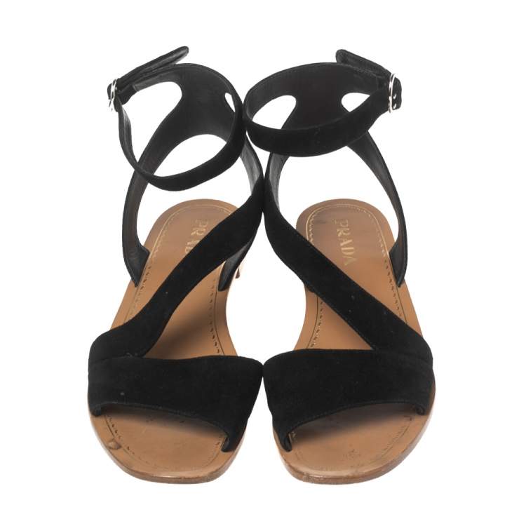 Pre Owned Prada Black Suede Ankle Wrap T Strap Flat Sandals Size 40