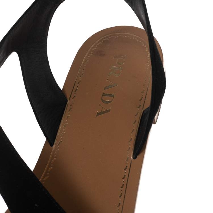 Pre Owned Prada Black Suede Ankle Wrap T Strap Flat Sandals Size 40