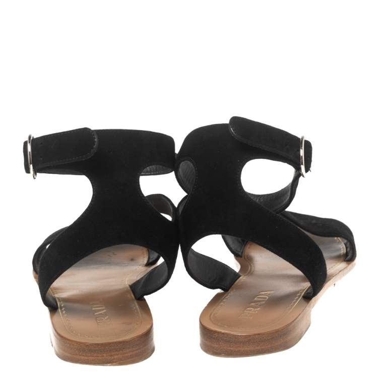 Pre Owned Prada Black Suede Ankle Wrap T Strap Flat Sandals Size 40