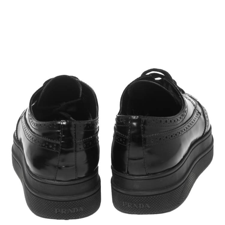 Pre Owned Prada Black Patent Brogue Leather Platform Derby Size 40.5
