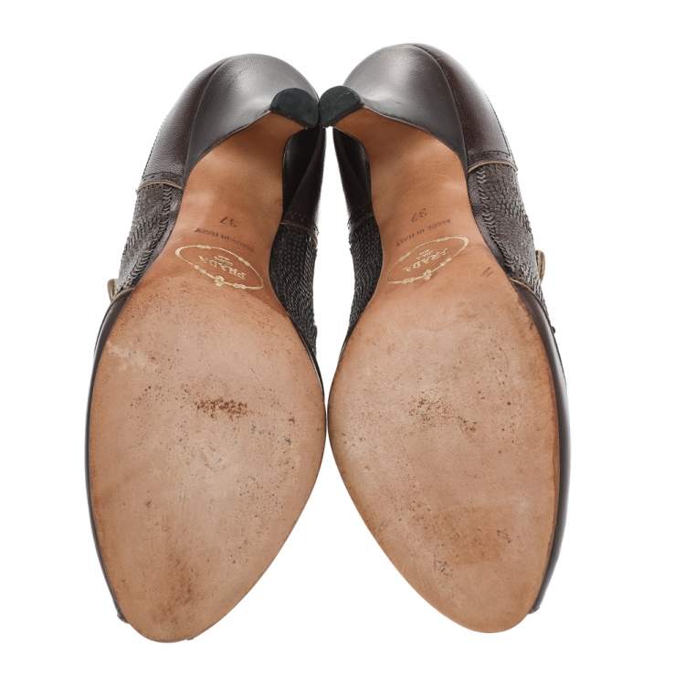Pre Owned Prada Vintage Brown Leather And Sequins Mary Jane Peep Toe Pumps Size 37