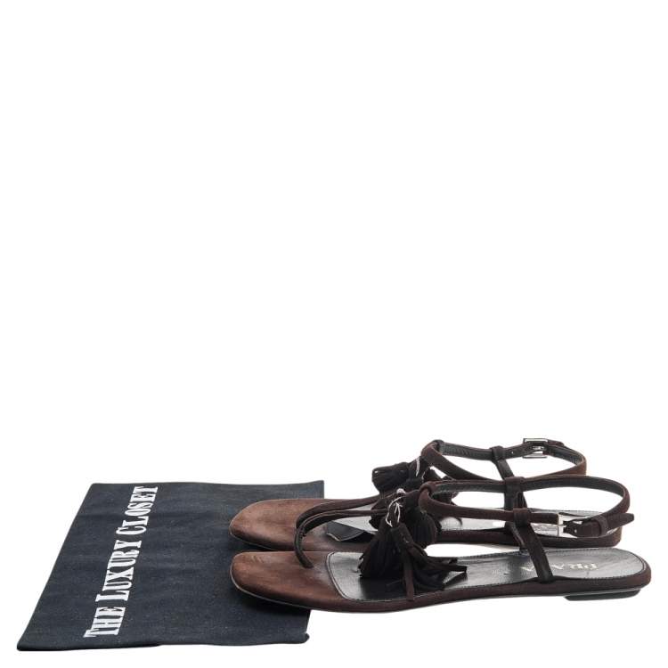 Pre Owned Prada Brown Suede Tassel Thong Sandals Size 37