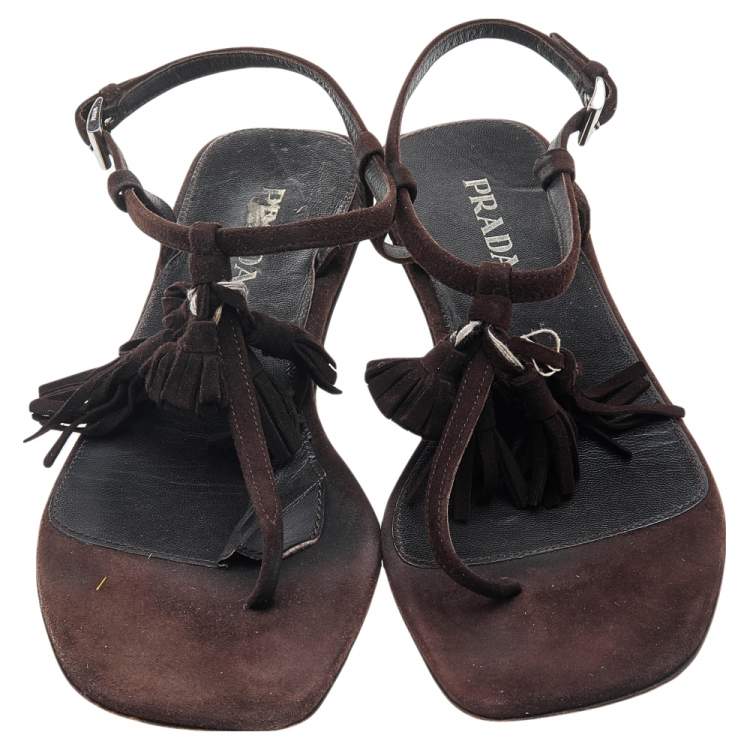Pre Owned Prada Brown Suede Tassel Thong Sandals Size 37
