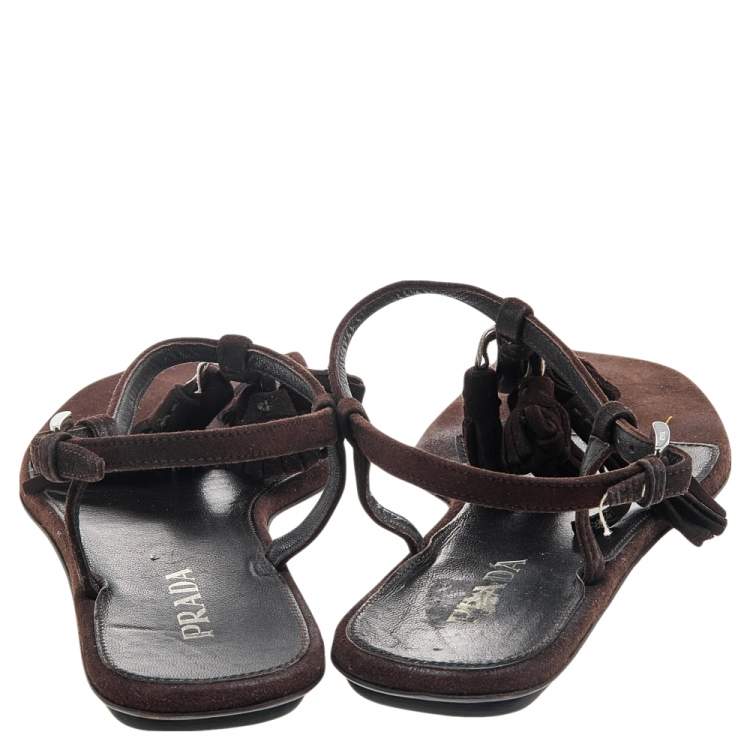 Pre Owned Prada Brown Suede Tassel Thong Sandals Size 37