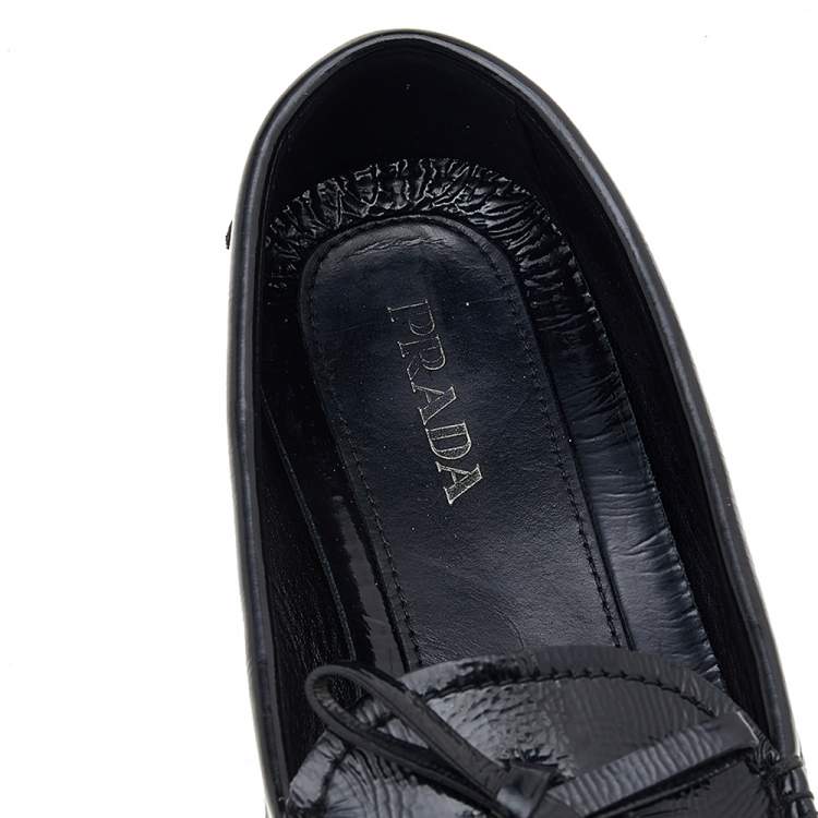 Pre Owned Prada Black Patent Leather Bow Slip On Loafers Size 39.5