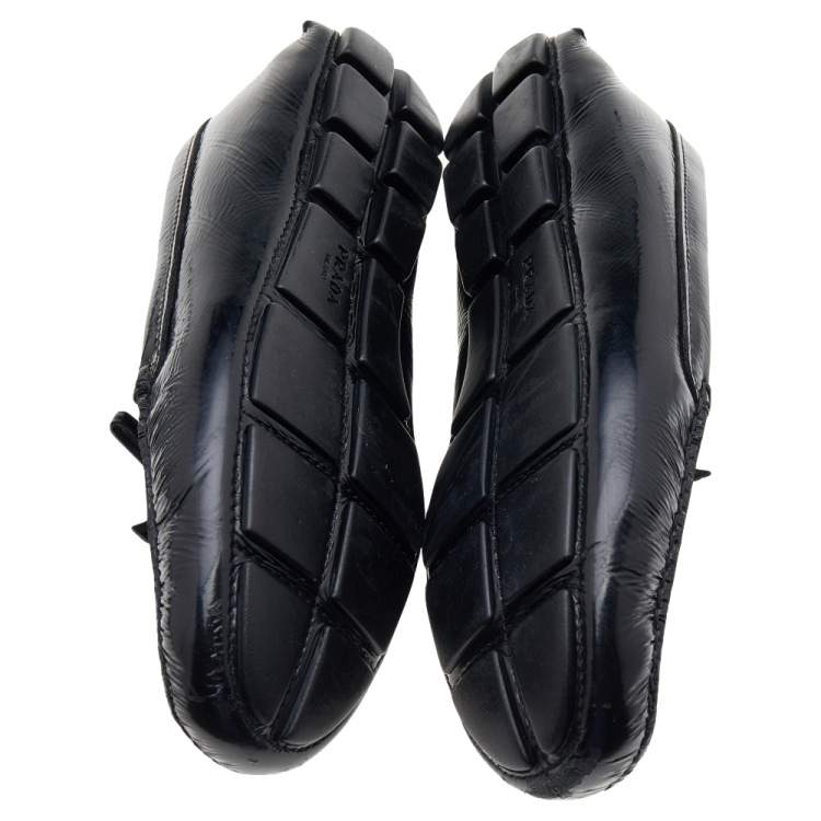 Pre Owned Prada Black Patent Leather Bow Slip On Loafers Size 39.5