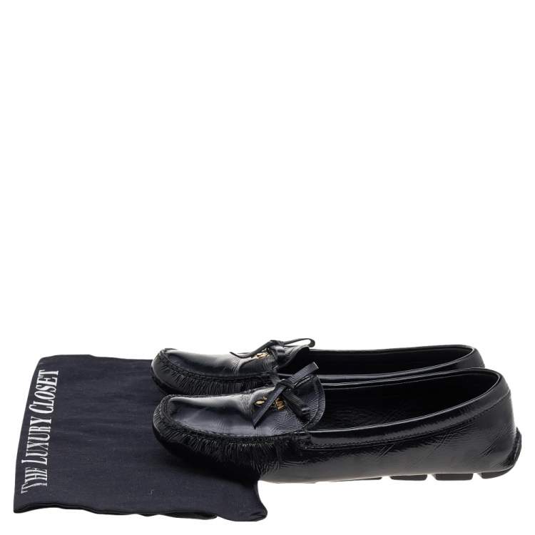 Pre Owned Prada Black Patent Leather Bow Slip On Loafers Size 39.5