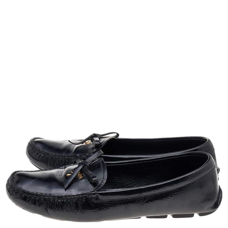 Pre Owned Prada Black Patent Leather Bow Slip On Loafers Size 39.5