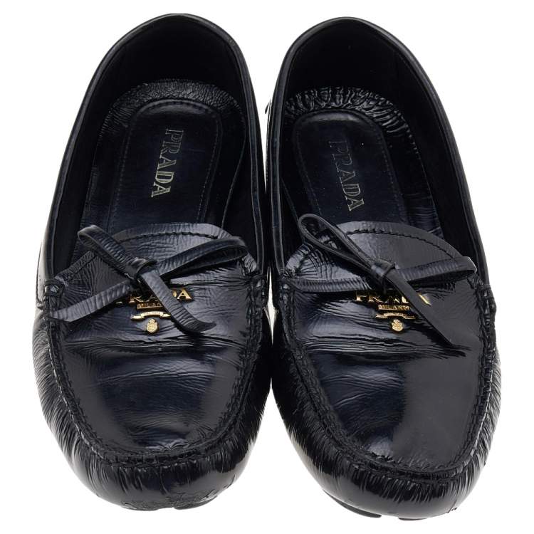 Pre Owned Prada Black Patent Leather Bow Slip On Loafers Size 39.5