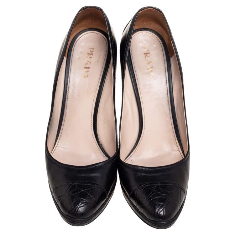 Pre Owned Prada Black Croc Embossed And Leather  Cap Toe  Pumps Size 40