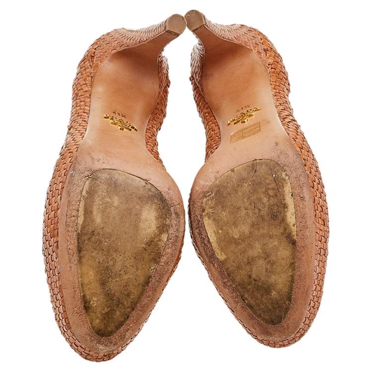 Pre Owned Prada Brown Woven Leather Madras Platform Pumps Size 41.5