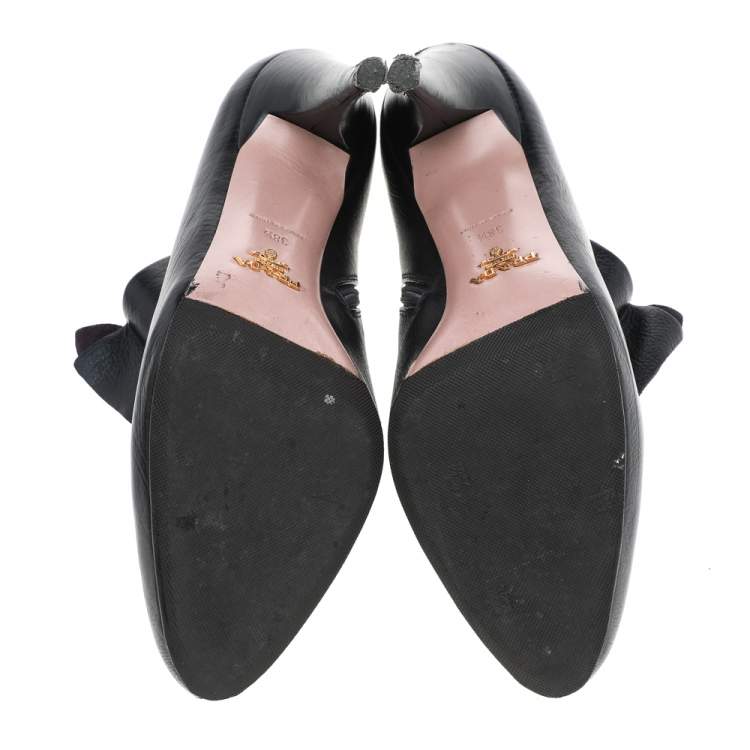 Pre Owned Prada Black/Purple Leather And Suede Ruffle Detail Ankle Length Booties Size 38.5