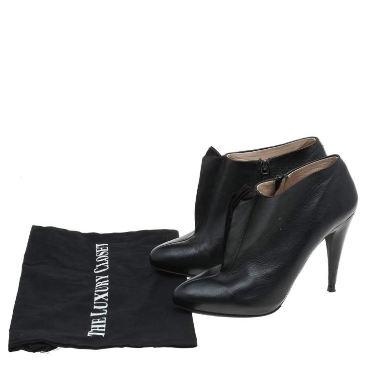 Pre Owned Prada Black/Purple Leather And Suede Ruffle Detail Ankle Length Booties Size 38.5