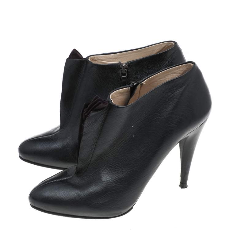 Pre Owned Prada Black/Purple Leather And Suede Ruffle Detail Ankle Length Booties Size 38.5